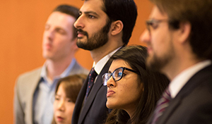 Students lined up during a presentation in a classroom